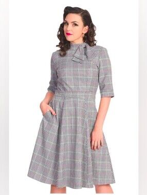 Banned Retro Plaid Midi Dress with Bow Neck in Gray - 2XL (Size 14)